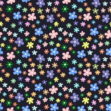 El çizimi renkli bahçe çiçekleri. Karanlık vektör pürüzsüz desen.