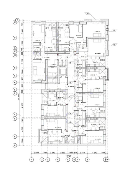 Подробный Архитектурный Многоэтажный План Здания Планировка Квартиры Чертеж Векторная Иллюстрация — стоковый вектор