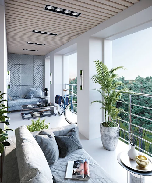 Rendering Eines Modernen Mehrstöckigen Gebäudes Terrasse Oder Balkon — Stockfoto