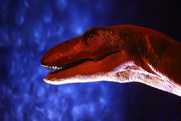 Profile portrait of a plastic dinosaur head