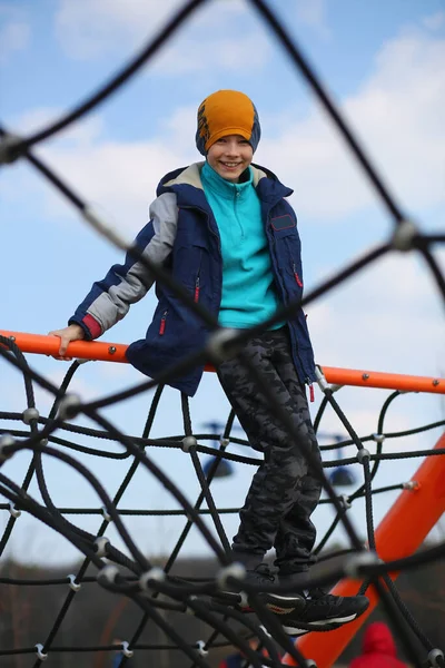 Full Length Portrait Caucasian Happy Boy Climbing Outdoor Modern Playground — Stock Photo, Image