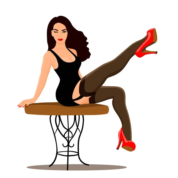 Ilustración Vectorial Una Chica Sexy Sentada Mesa Guiñando Ojo — Vector de stock