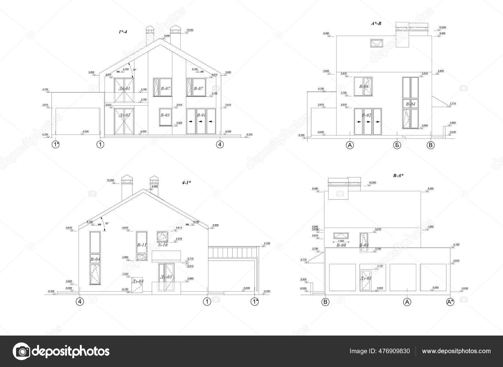 Seções Fachada Casa Privada Desenho Técnico Arquitetônico Detalhado Plano  Vetorial Vetor de ©Mr_Ptica 476909830, image size:1600x1167