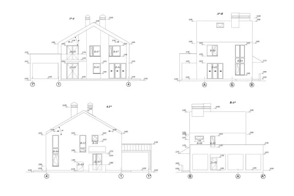 Façade Maison Privée Sections Dessin Technique Architectural Détaillé Plan Vectoriel — Image vectorielle