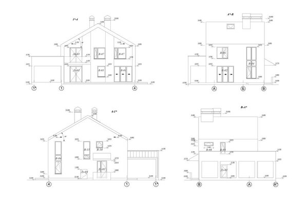 Фасадные секции частного дома, детальный архитектурный технический чертеж, векторный план