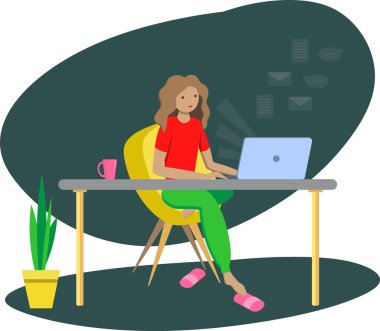 Evde dizüstü bilgisayarı olan bir kadın, online okuyan bir kız öğrenci, bitki, çay, terlik, rahat ev ofisi konsepti, çizgi film vektör çizimi