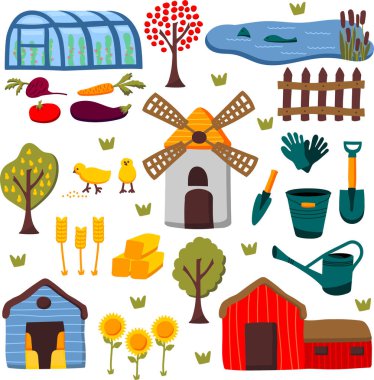 Çiftlik seti, vektör karikatür el çizimi. Yerel ürünler, çiftçi bahçeleri, binalar, fabrikalar, sebzeler, meyveler, aletler.
