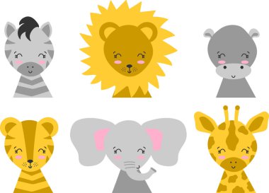 Çizgi film setleri: zebra, aslan, su aygırı, kaplan, fil, zürafa. Çocuk tasarımı, davetiye, kart, poster ve tişört için vektör illüstrasyonu. El çizimi grafik.