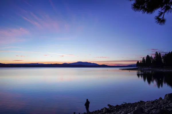 Sunset Lake Reflection Fantastic Sunset View Fishing Man — Stock Photo, Image