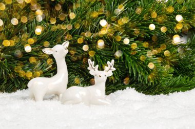 Arka planda çam ağacı ve bokeh olan iki beyaz Noel geyiği. Bayramlık tebrik kartı. Mutlu Noeller ve yeni yıl