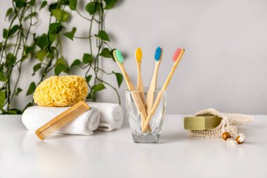 Çevre dostu banyo aksesuarları: bambu diş fırçası, doğal deniz süngeri, organik tasarruf torbası sabunu ve ahşap tarak. Sıfır atık spa ve banyo ürünleri. Doğal cilt bakımı. Arkaplanda yeşil bitki