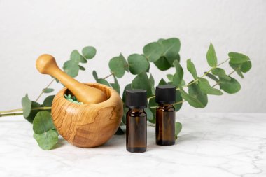 Doğal aromaterapi ile okaliptüs gerekli yağ şişeler, aromatik banyo tuzu ve okaliptüs dalı. Bitkisel kaplıca, sağlık ve cilt bakım ürünleri. Okaliptüs özlü gevşeme ve homeopati.