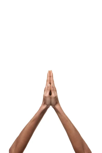 Mani che pregano isolate sul bianco — Foto Stock