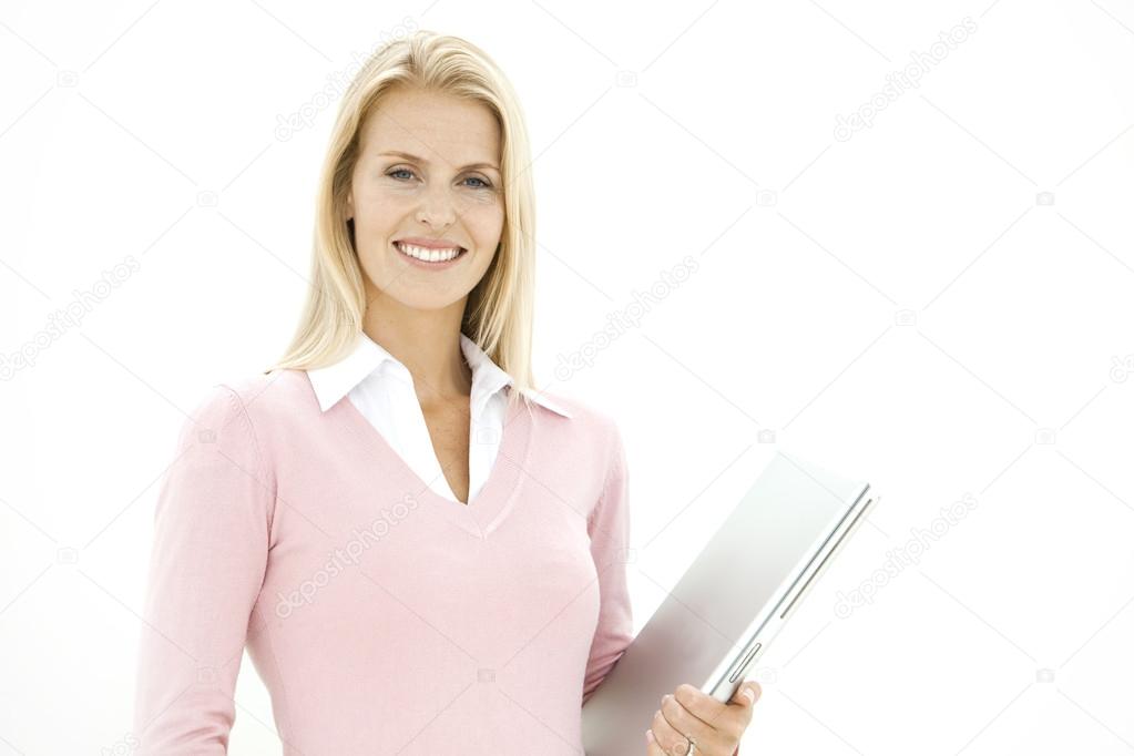 Businesswoman holding laptop