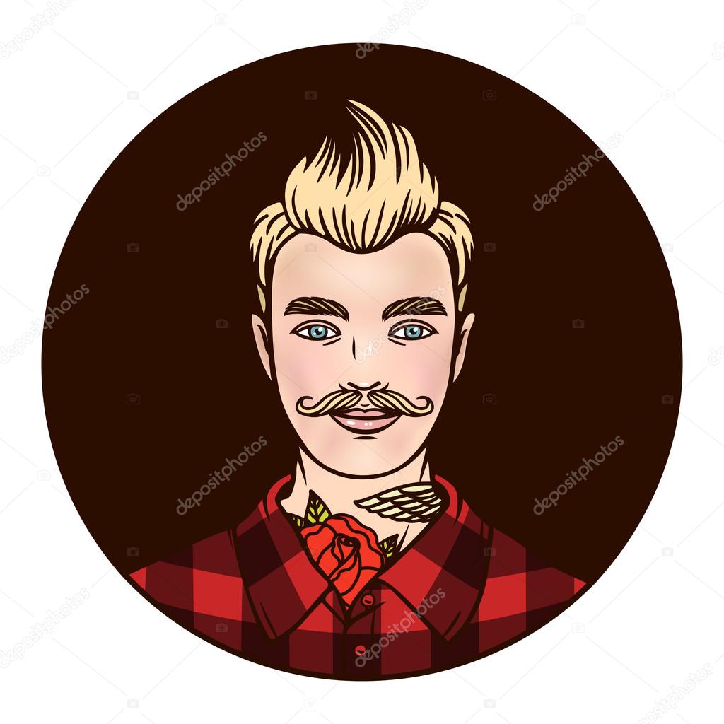 Vector logo hipster cartoon style. A young man. Hipsters with tattoos in a shirt.