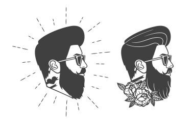 Vektör hipster siyah beyaz logo, etiket, rozet adam profil görünümü.
