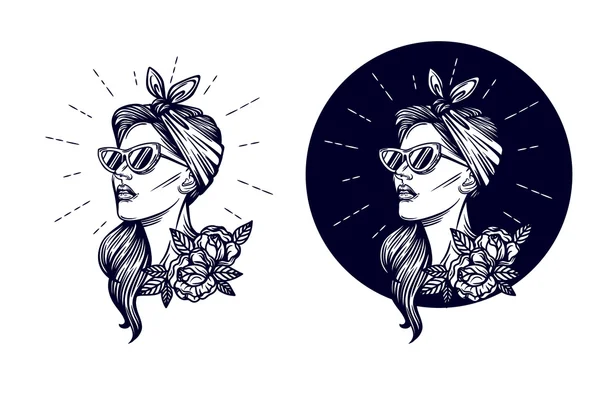 Vector hipster logo, Etichetta, badge girl silhouette in stile retrò — Vettoriale Stock