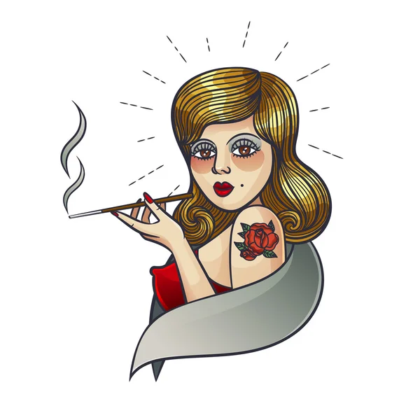 Ilustración vectorial de una chica que fuma, tatuaje de la cara de la chica en un estilo retro . — Archivo Imágenes Vectoriales