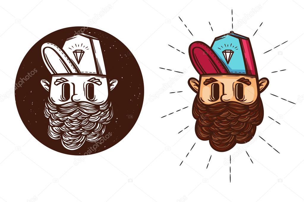 Vector  logo. Label, badge, print of a  head. Vector black and white and clourfull illustration of a teenager head in a cap in  hipster style