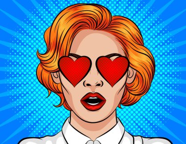 Pop sanat tarzında renk vektörü posteri. Mavi yarım tonlu kızıl saçlı bir kız. Kız aşık olmuş. Sevgililer Günü kartı