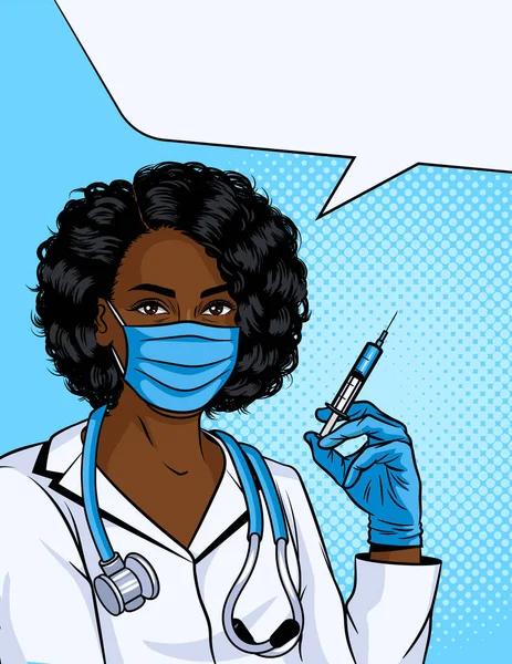 스타일의 일러스트 마스크를 아프리카계 의사가 주사기를 있습니다 간호사가 백신을 도구로 — 스톡 벡터