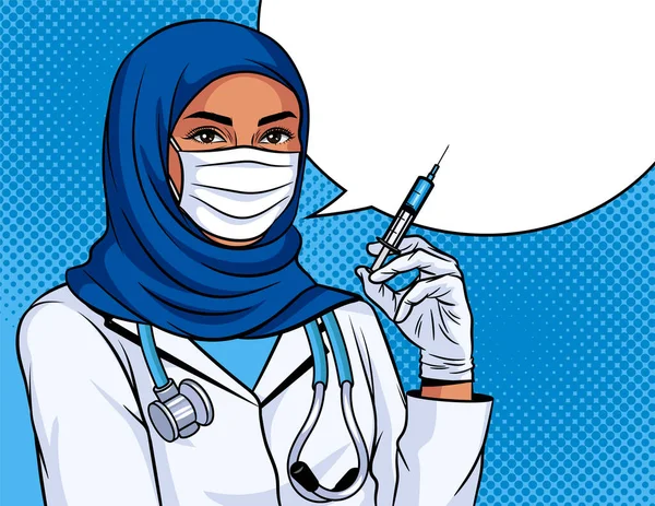 스타일의 일러스트 주사기를 포스터 전통적 머리장식을 이슬람 간호사 보호용 마스크를 — 스톡 벡터