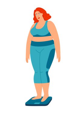Terazinin üzerinde duran bir kızın renk vektör çizimi. Şişko üzgün bir kız kilo vermek istiyor. Spor üniformalı şişman kız beyaz bir arkaplandan izole edilmiş..