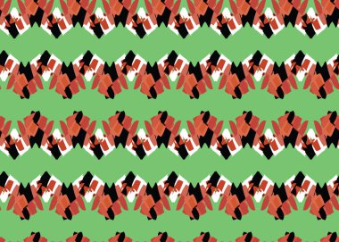 Vektör dokusu arka plan, kusursuz desen. El çizimi, yeşil, kırmızı, turuncu, siyah ve beyaz renkler.