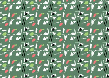 Vector texture background, seamless pattern. Hand drawn, green, red, white and black colors.