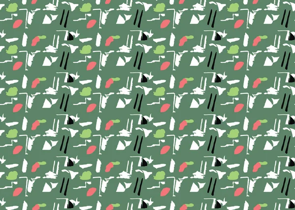 Vector texture background, seamless pattern. Hand drawn, green, red, white and black colors.