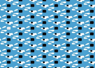 Vektör dokusu arka plan, kusursuz desen. El çizimi, mavi, beyaz ve siyah renkler.