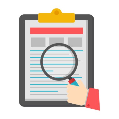      Büyüteç altındaki kağıt, içerik analizinin düz tasarımı