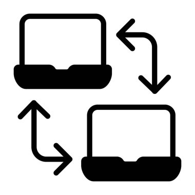Dizüstü bilgisayarlı zıt yönde okların bir simge tasarımı, veri transferi