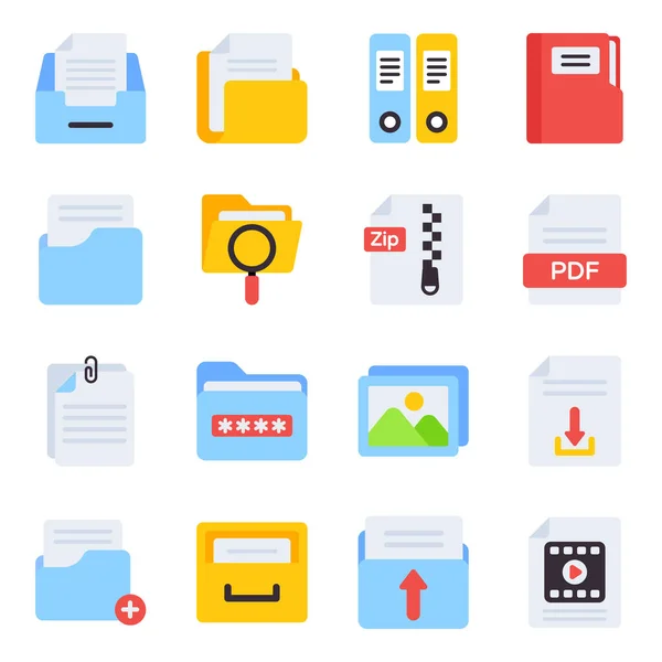 Pack Files Folders Flat Icons — Stock Vector