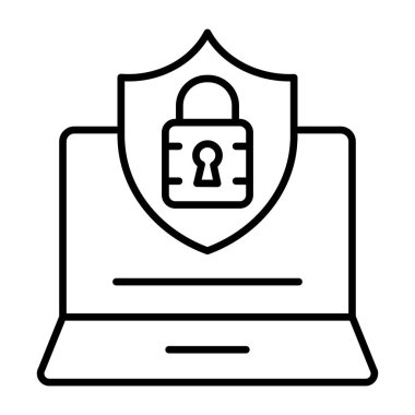 Bilgisayarın içinde kalkan olan asma kilit dizüstü bilgisayar güvenliği kavramını gösteriyor