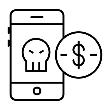 Skull inside mobile with dollar, icon of hacked money