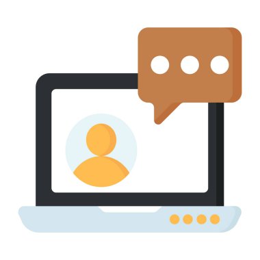 Avatar inside laptop with chat bubble, video chat icon 