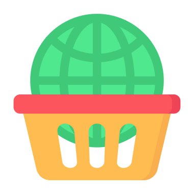 Globe with basket, flat design of global shopping icon 