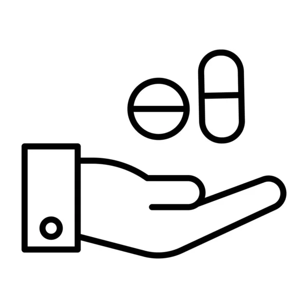 医療アイコン 手に錠剤のアウトラインデザイン — ストックベクタ