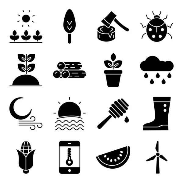 Pack Nature Agriculture Solid Icons — Stock Vector