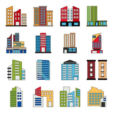 Yüksek Binalı Düz Simgeler Paketi