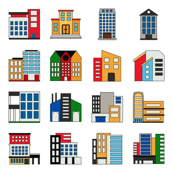 Förpackning Byggnader Och Byggnader Platt Ikoner — Stock vektor