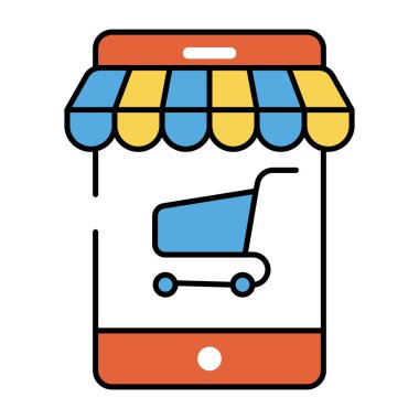 Mobil alışveriş uygulamasının simgesi, akıllı telefonun içindeki el arabası
