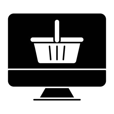 Sepet içerideki monitör, çevrimiçi satın almanın katı tasarım simgesi 