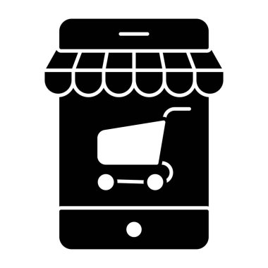 Mobil alışveriş uygulamasının simgesi, akıllı telefonun içindeki el arabası