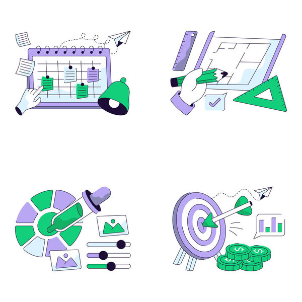 Set of Medical and Cryptocurrency Flat Line Illustrations
