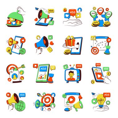 Sosyal Medya ve Pazarlama Doodle Simgeleri Seti