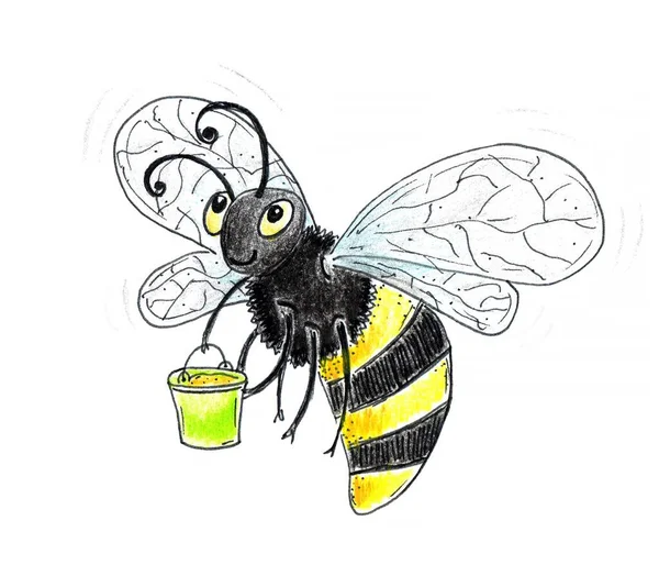Disegno Della Merry Bee Realizzato Con Matite Colorate Sfondo Bianco — Foto Stock