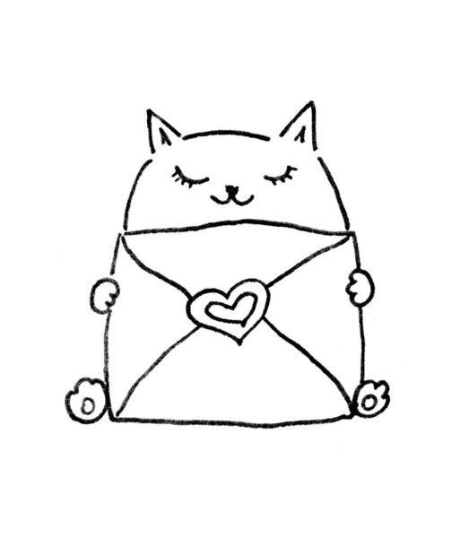 Рисунок "Кот в любви" выполнен в черном лайнере.