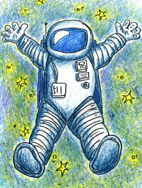 Cosmonaut Drawing Made Colored Pencils — Stock Photo, Image